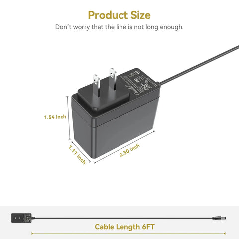 5V AC Power Adapter For Arcade1Up Plug And Play Pac Man Counter Cade Arcade Machines And Ms Pac Man Table Top Units 2A Power Supply Not For 12V Version Compatible With 8295 Pac Man Counter Cade Arcade Machine And Ms Pac Man 40th Edition Table Top showing dimensions and 6 ft cable length.