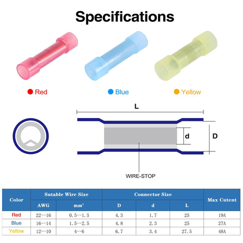 100pcs PA66 nylon fully insulated butt connectors for 22–16 AWG wire in red, blue, and yellow