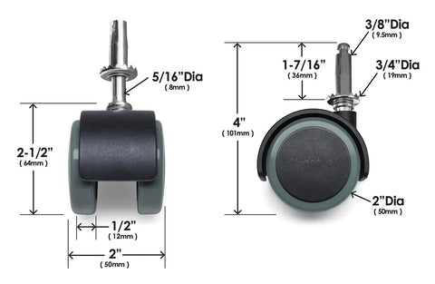 2 Inch Floor Protector Rubber Caster Wheels Set Of 4 With 5 Sixteenth Inch Stem for Hardwood Floors, side and top view with dimensions