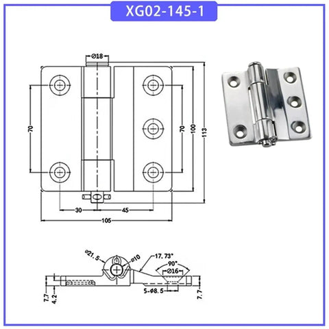 Diagram and photo of Heavy Duty Beefed Up 304 Stainless Steel Hinges For Industrial Doors With High Load Bearing Capacity 1 Piece Model XG02-145-1