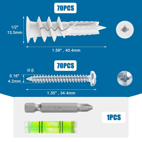 140 Piece Self Drilling Drywall Anchors And Screws Kit For Hanging Shelves Picture Frames Curtains No Pre Drilling Required Plastic Drywall Anchors With Galvanized Screws Built From Durable Nylon And Fiberglass For Strength And Longevity For Heavy; image shows dimensions for anchors, screws, bit, gradienter