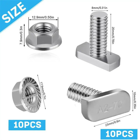M8x20mm T Slot Drop In Bolt Set With Hammer Head Screws And Flange Nuts for aluminum extrusion profiles solar mounting
