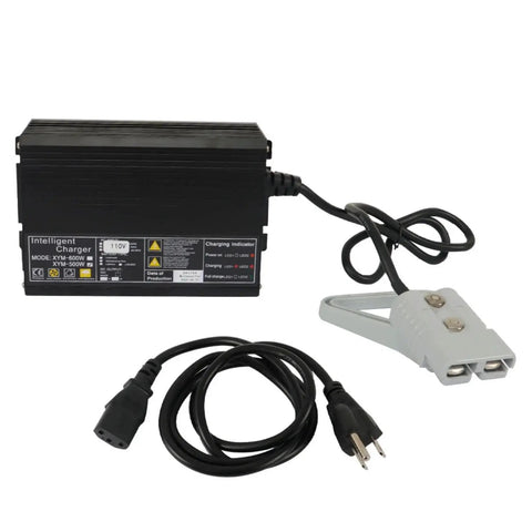 24V 15A Floor Scrubber And Pallet Jack Battery Charger With SB175 Red Connector shown with power cords and connectors