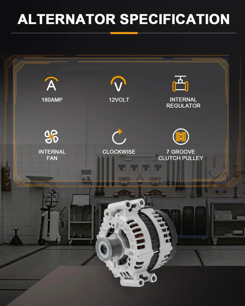 Beefed-Up 180 Amp Alternator Replacement For 135i, 335d, 335i, 335xi, 535i with 7-groove clutch pulley displayed on a workshop table