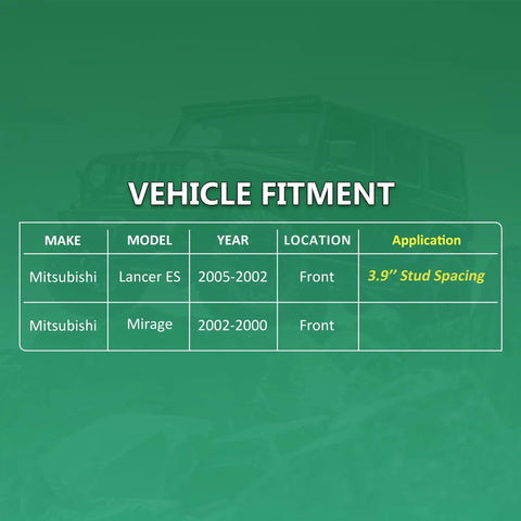 Vehicle fitment chart for Ready to Roll Wheel Hub Assembly and Bearing Kit for Mitsubishi Mirage 2000-2002 and Lancer ES 2002-2005.