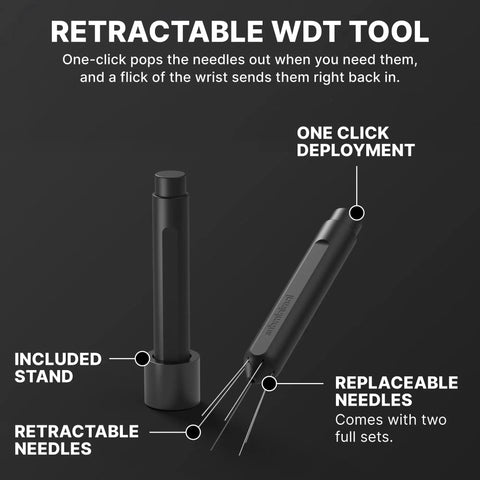 Flick WDT Espresso Distribution Tool with Retractable Needles, one-click deployment, included stand, shown in black.