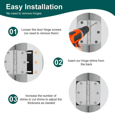 Illustration of Door Hinge Shims Repair Kit installation, showing easy shim insertion for door alignment and gap elimination.