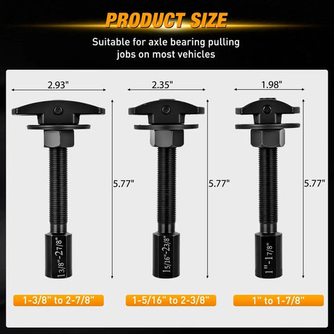 Image showing three sizes of Rear Axle Bearing Puller Set with laser markings for quick identification.