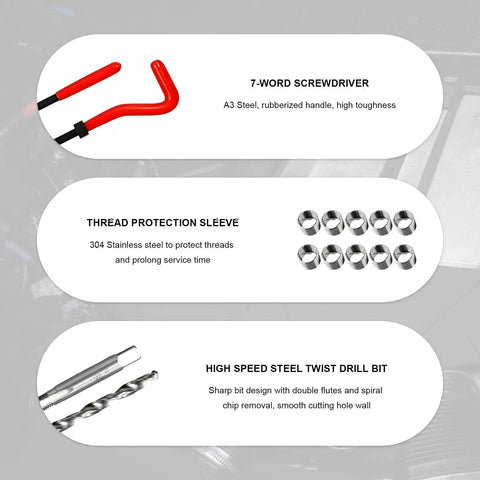 30 Piece M6 X 1.0mm Thread Repair Insert Kit Stainless Steel With Drill Bit And Install Tool For Portable Car Repair And Fast Hole Fix In Damaged Threads showing components like screwdriver, thread protection sleeve, and twist drill bit.