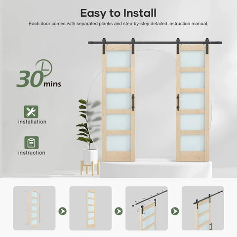 Double 24x84 Inch Glass Sliding Barn Door Slab With 8 Foot Hardware Kit Included 5 Panel Frosted Glass Spruce Wood Support