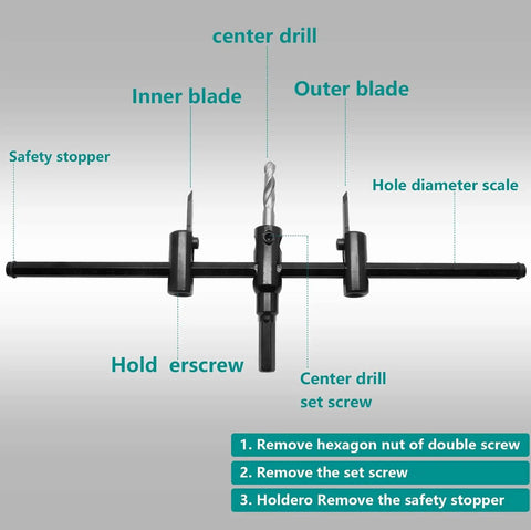 Image of a Heavy Duty Adjustable Circle Cutter Hole Saw Kit For Drywall Wood And Plaster, showing center drill and blades with a 30 to 300 mm cutting range.