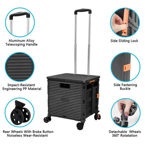 Foldable Utility Cart With 4 Rotating Wheels And Braking Rear Wheels, telescoping plastic handle, detailed feature annotations