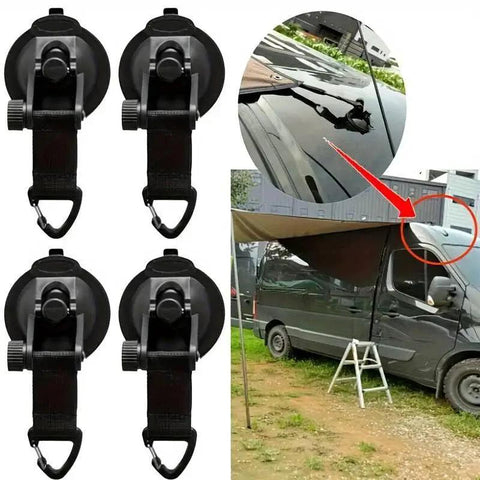 Universal Car Suction Cup Anchor With Securing Hook Reusable Heavy Duty Tie Down For Camping Tarp Car Side Awning Outdoor Motorhomes And Vans Accessories Scratch Free And Scratch Resistant No Drilling No Holes No Glue Easy Push And Attach, showing set of four suction cup anchors and a van awning setup