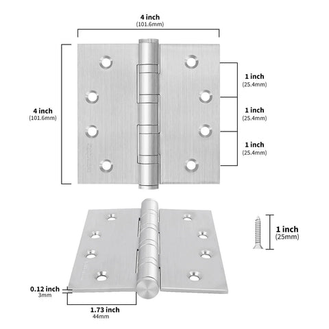 Dimensions of 3 Pack 4x4 Inch Ball Bearing Door Hinges Stainless Steel Exterior Heavy Duty 304 Stainless Brushed Nickel Finish