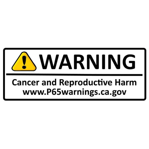 Prop 65 warning label with yellow triangle icon and text Cancer and Reproductive Harm www.P65warnings.ca.gov