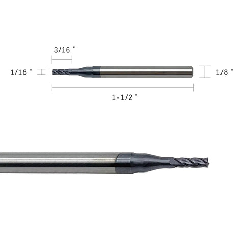 Carbide Square End Mill 4 Flute 5 Piece Set 1/16 Inch Cutting Diameter 1/8 Inch Shank 3/16 Inch Cutting Length 1-1/2 Inch Overall Length TiAlN Coated Solid Carbide