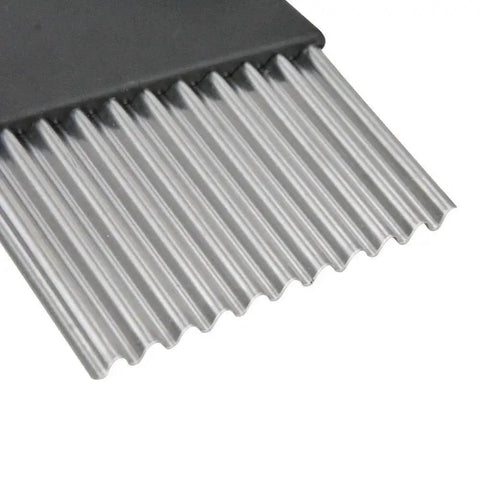 Close-up of Crinkle Chopper Set Of 2 For Waffle Fries And Veggies, stainless steel blade and plastic handle with wavy edges.