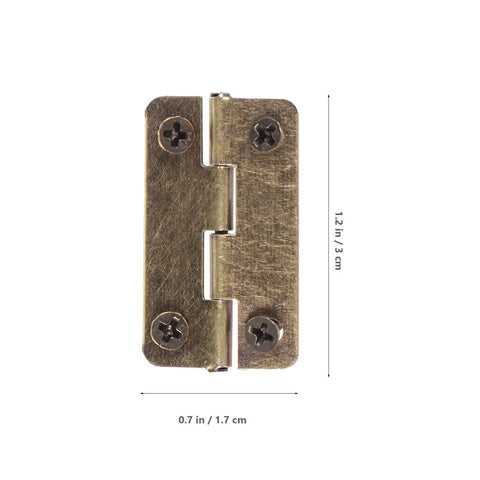 1.2 Inch Miniature Iron Chest Hinges With Screws 50 Pack For Small Cabinets Jewelry Boxes DIY Crafts Antique Copper Finish Durable Hardware Accessories front view showing size and screws.