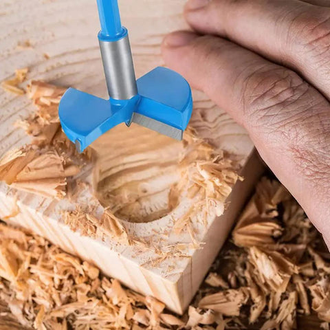 Blue drill bit from All Purpose Woodworking Drill Bit Set With 40 To 100 Mm Hole Saw And 48 Mm Hex Handle for hinge holes in wood