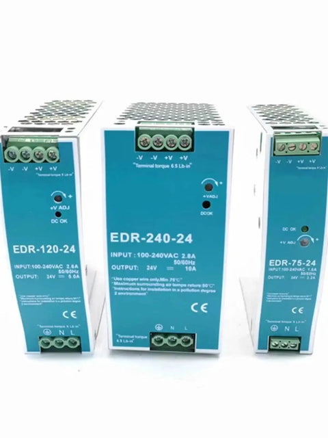 Front view of 120W 24V DIN Rail Switching Power Supply for CCTV and LED lighting with industrial design.