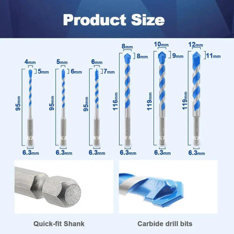 10 Piece Hex Shank Concrete Drill Bit Set For Masonry And Wood With Carbide Tip Great For Glass Brick Tile Plastic And Cement Includes 4mm 5mm 6mm 8mm 10mm And 12mm Bits Great Value For Home Improvement And Professional Jobs shown with dimensions and close-up of shank