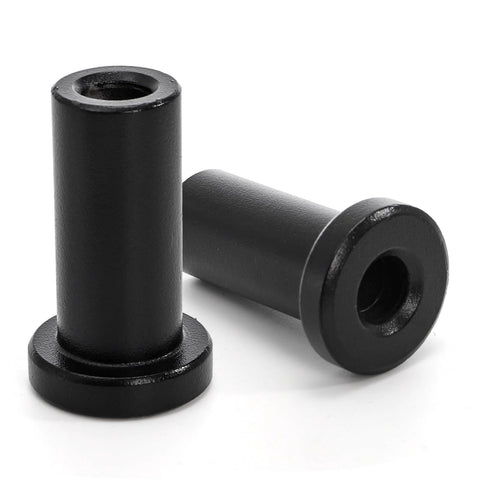 Two black spacers from Ten Piece Barn Door Spacers Set For 2 Inch Sliding Barn Door Hardware, showing cylindrical shape and smooth finish.