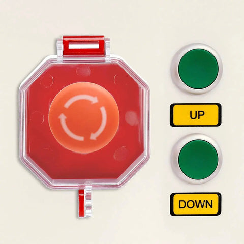 Emergency Stop Button Cover 8 Pack Clear Lockout Guard with red base and clear cover alongside up and down buttons