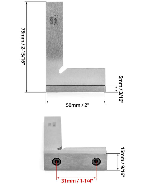 Precision Machinist Square For Accurate Layout And Setup, 3 Inch Engineer Square with 90 Degree Right Angle, DIN 875 Grade 1, 75mm by 50mm