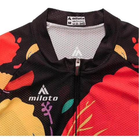 Colorful milato cycling jersey with abstract floral design and zipper front closure.