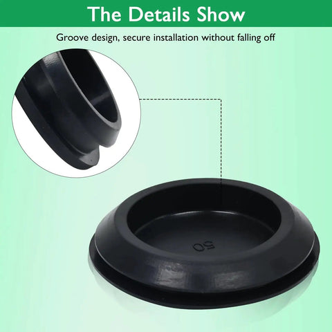 Close-up of 5 Pack Round Hole Plugs 1-1/2 Inch 38mm Silicone Snap In Locking Waterproof Stopper, black silicone plug with groove design
