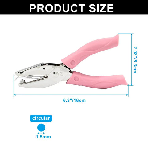 Round One Sixteenth Inch Hole Punch Handheld Paper Punch For DIY Crafts And Scrapbook Projects With Pink Soft Leather Cover Durable Stainless Steel shown with dimensions