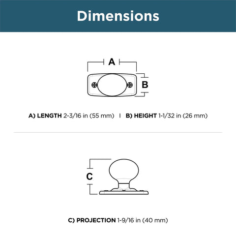 Dimensions diagram for Matte Black Cabinet Knobs Set Five Pack One And One Quarter Inch Round with length, height, projection measurements.