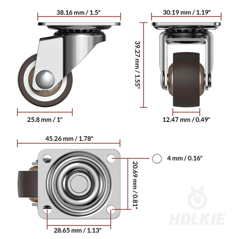 1" Small Caster Wheels for Furniture - Low Profile Casters Set of 4, Total Capacity 90 lbs, Perfect for Nightstand, Side Table, and Small Projects (No Brake)
