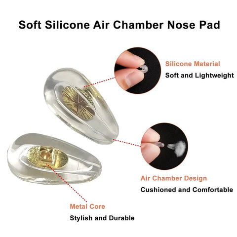 Soft Silicone Eyeglasses Nose Pads With Air Cushion For Ultra All Day Comfort No Slip, close-up showing design elements and gold finish.