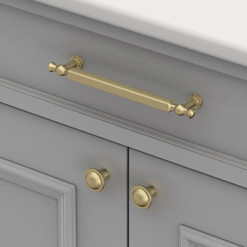 Gold Brushed Finish Cabinet Pulls Set Of 10 3 Inch Drawer Handles in zinc alloy installed on grey cabinet drawers