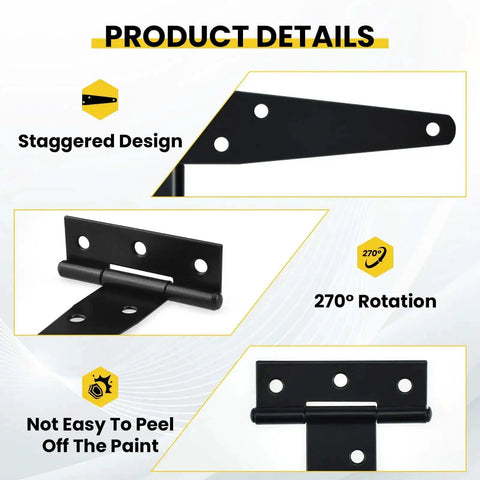 Product details of 4 Pack Heavy Duty T Strap Gate Hinges for Barn Doors, black 4 inch tee hinges with rotation and staggered design.