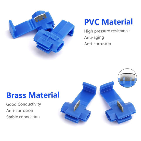 125-piece blue insulated solderless quick-splice wire connectors for 22-10 AWG electrical wires with brass contacts