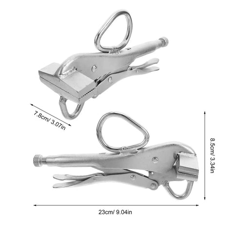 Beefy Heavy Duty Auto Body Clamp With Rock Solid Locking Mechanism, steel welding panel pliers dimensions, top and side view