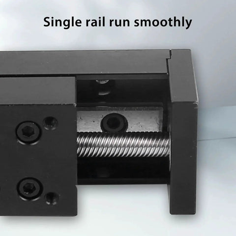 Close-up of Ultra Smooth Mini Linear Slide Stage Actuator with Nema 11 Stepper Motor showing single smooth-running rail and lead screw.