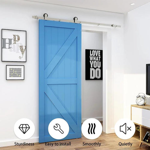 Blue interior door installed with 6 Ft Beefy Brushed Nickel Sliding Barn Door Hardware Kit With Quiet Hanger Rollers And Flat Track
