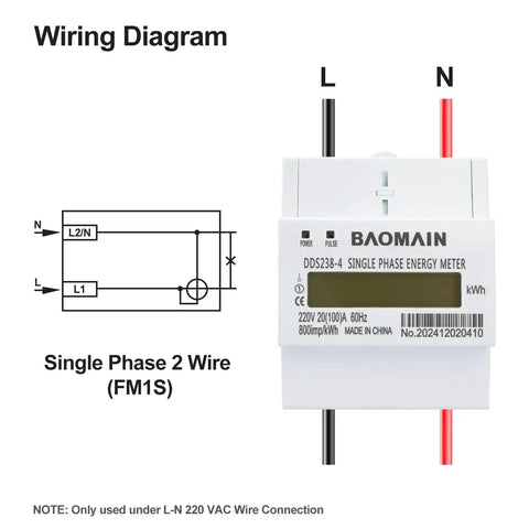 Wiring diagram and front view of Single Phase KWh Meter For 220V Systems 20A To 100A DIN Rail Power Meter With LCD Display