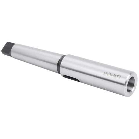 Side view of silver steel Morse taper MT3–MT2 drill sleeve lengthening reducing adapter
