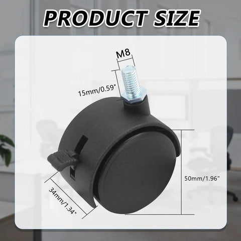 M8 threaded stem dimensions of Best Value 2 Inch Black Plastic Stem Casters Set of 4 for Carts and Workbenches with brakes.