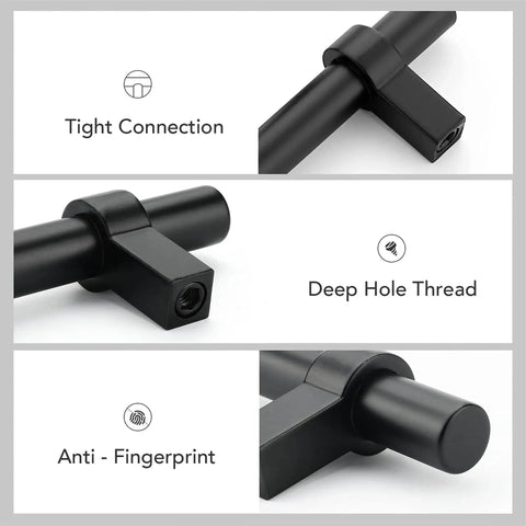 Close-up of matte black 25 pack cabinet handles, showing tight connection, deep hole thread, and anti-fingerprint finish.