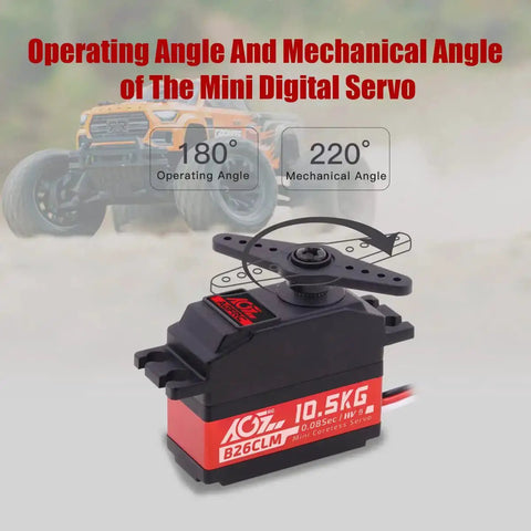 Beefed Up 10.5Kg Digital Coreless RC Servo Motor With Aluminum Shell And Titanium Gear For One To Twelve Scale On Road Cars Planes And Helicopters High Speed High Torque B26CLM V2 Programmable Upgrade displayed with operating angles