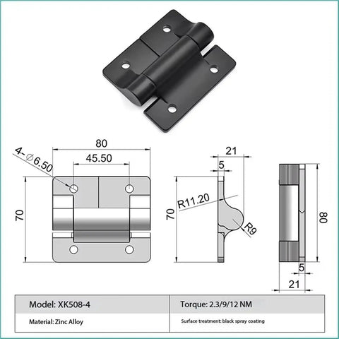 Technical diagram of Constant Torque Position Control Hinges With Friction Adjustable Action One Piece T Hinges XK508-4-9NM