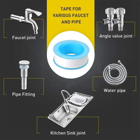 10 Pack PTFE Teflon Tape For Plumbing, Heavy Duty Thread Seal Tape For Leak Proof Water Pipes, Half Inch By 500 Inch, shown for various pipe joints