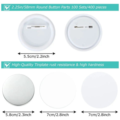 Dope 400 Piece Button Maker Supplies Kit For 58mm Round Badges Includes 100 Button Covers 100 Pin Backs 100 Clear Film And 100 Blank Papers For Button Maker Machine showcasing materials and sizes.