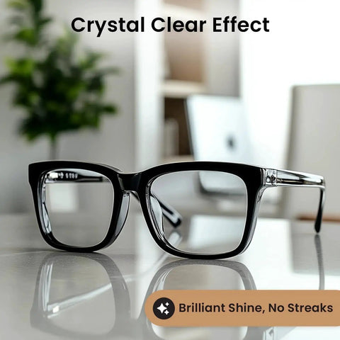 Black eyeglasses on table showcasing clarity from Six Pack Microfiber Cleaning Cloths For Eyeglasses, Screens, Cameras