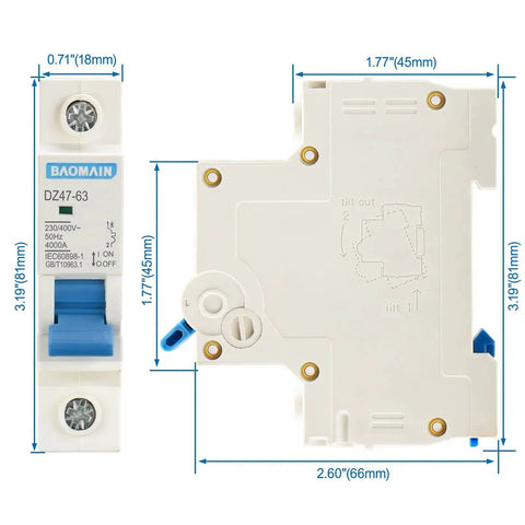 DZ47-63 C40 40 Amp 1 Pole DIN Rail Mount Miniature Circuit Breaker 230V AC C Type Trip 4000A Breaking Capacity side view